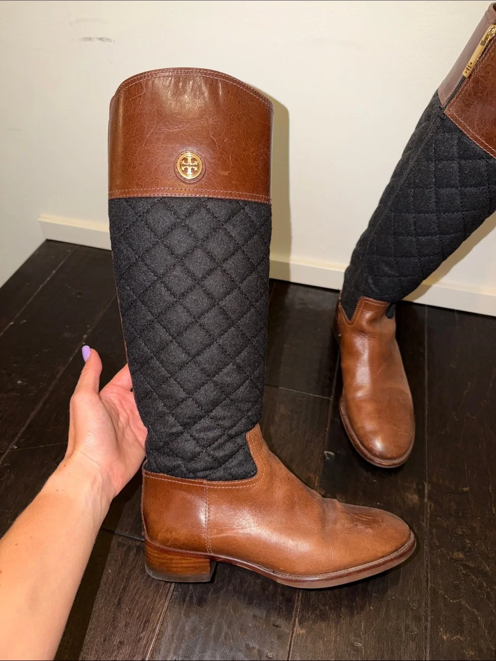 Tory Burch Brown Leather and Black Quilted Over-the-Knee Boots